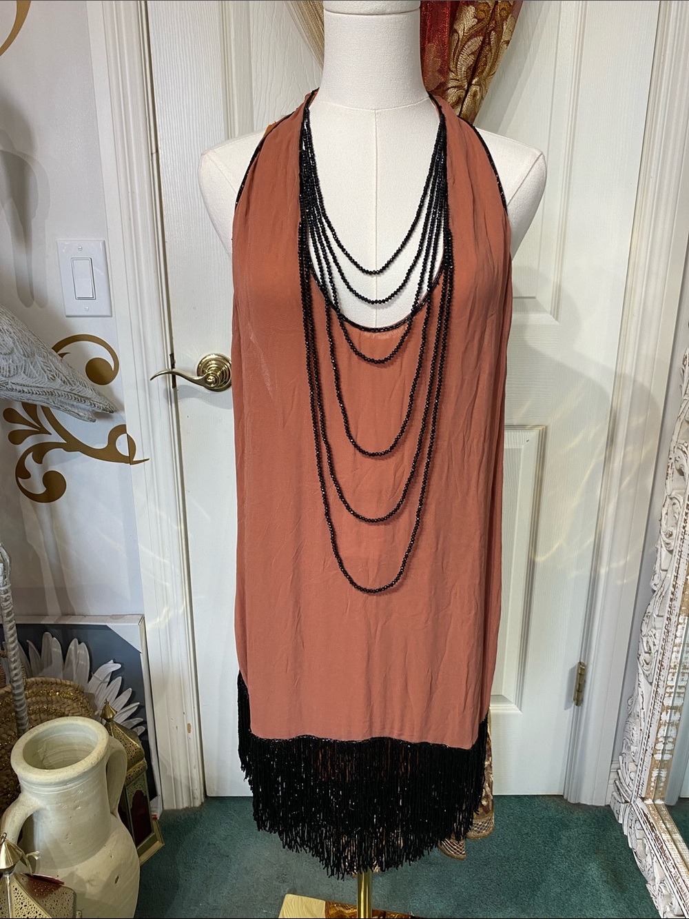 Zara Flapper Beaded Fringe Halter Top NWOT
